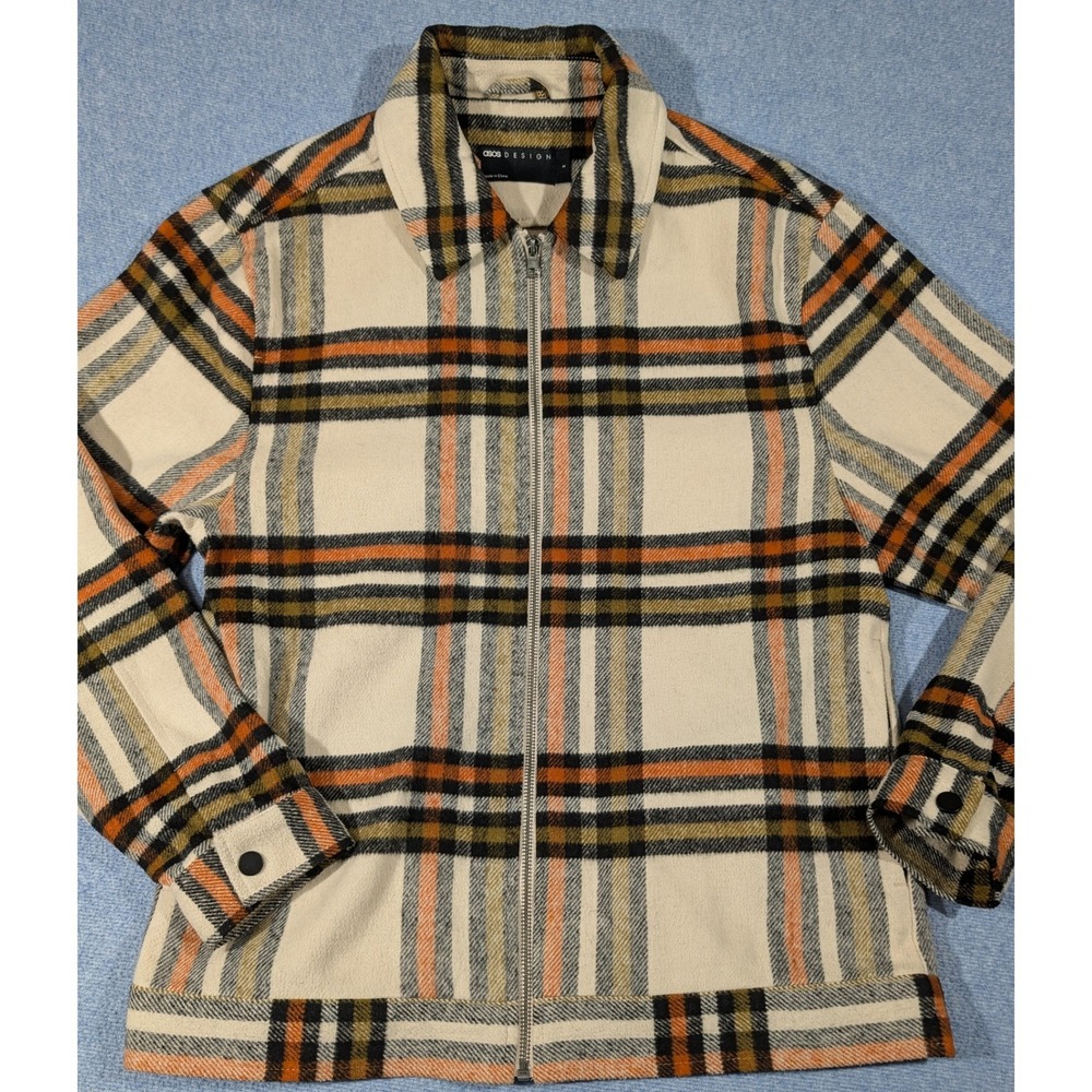 ASOS DESIGN Mens Small Plaid Full Zip Jacket Cream Orange Black 11669716